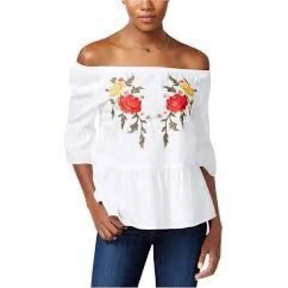 Vintage America Womens Embroidered Knit Boho Blouse, White, size XS